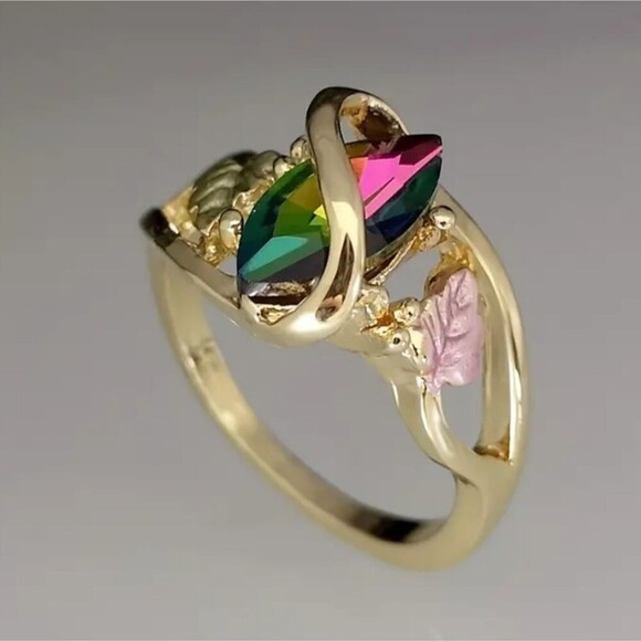 Rainbow crystal tricolor ring leaf design size 8.5 - Picture 2 of 5